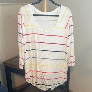 White Scoop Neck Striped Women’s Top - Multi-Color Stripes